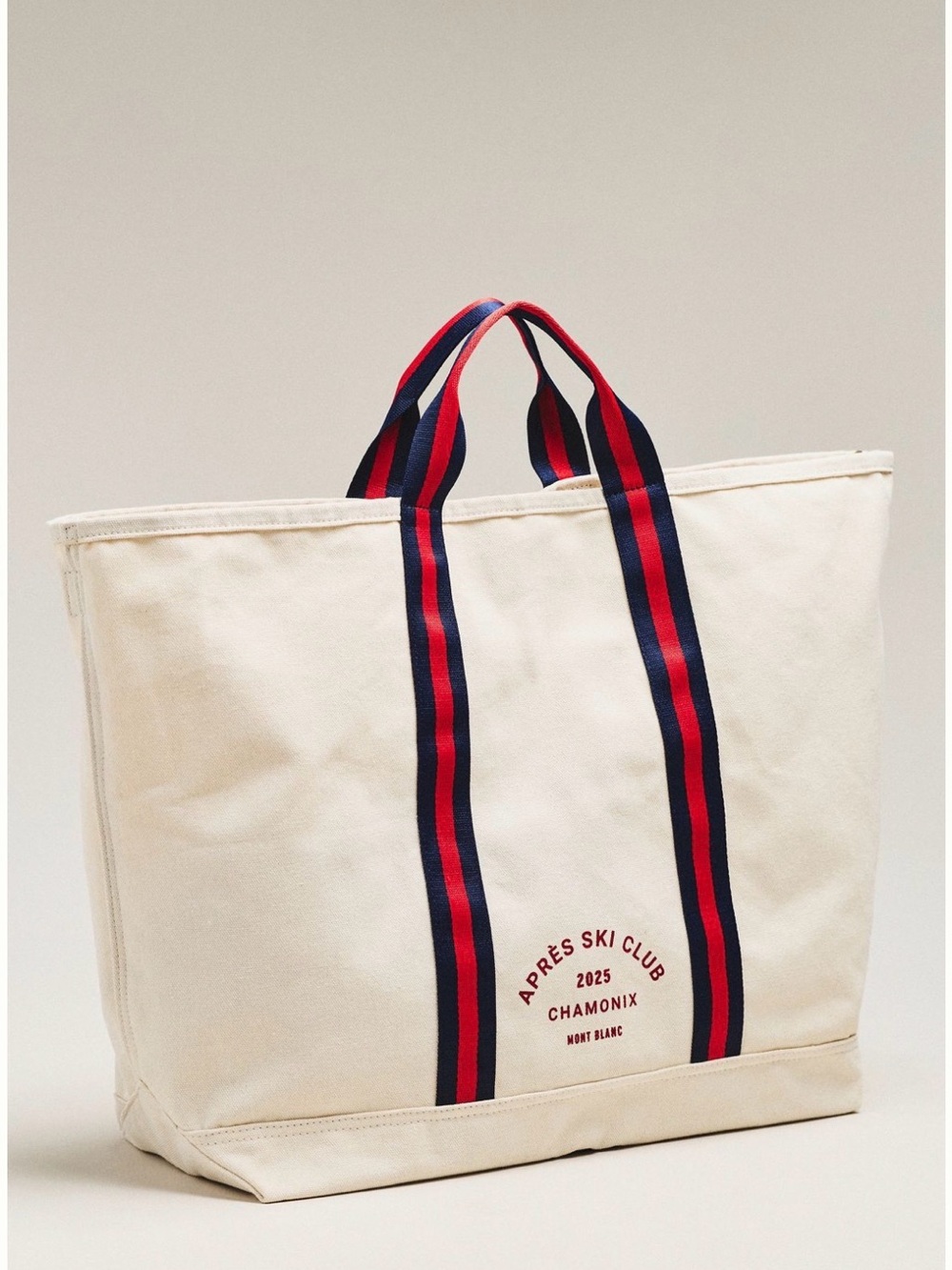 Anthropologie XLarge Canvas Tote Bag with Red & Navy Straps - Apres Ski Club NWT
